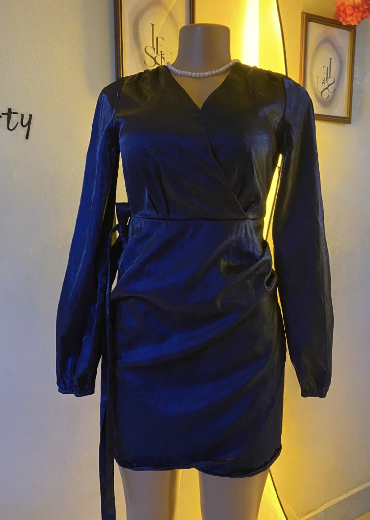 Navy Blue Mini Long Sleeve Satin