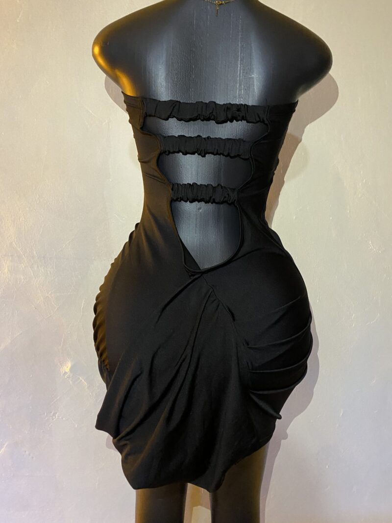 Strapless Ruched Mini Dress with Draped Panel & Cut-Out Back