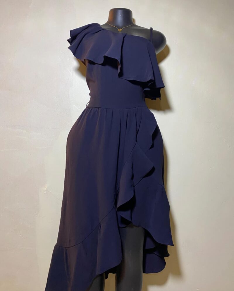 Navy Blue Midi One-Shoulder Ruffle Dress