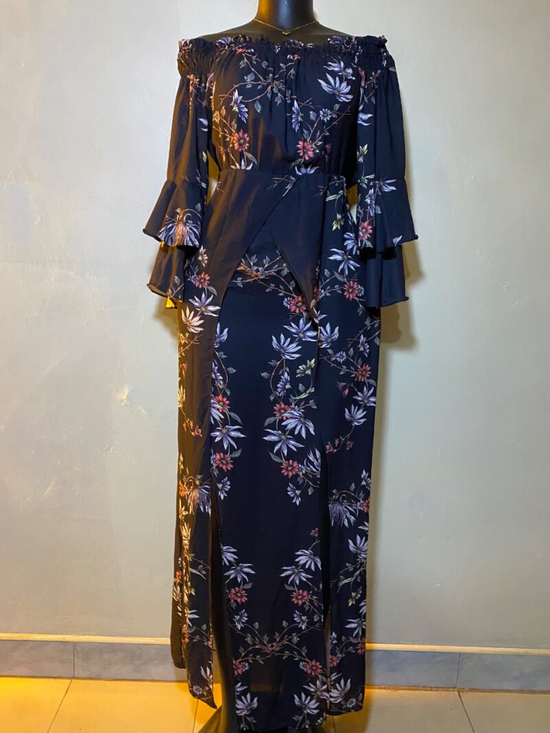 Off-Shoulder Floral Dress with Tiered Bell Sleeves & High Double Slit