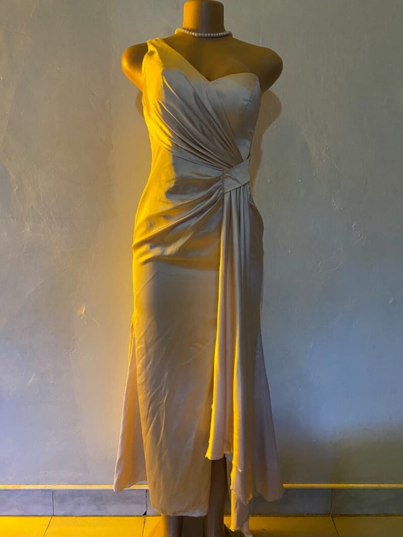 Satin Maxi Dress with Ruched Bodice & Draped Train